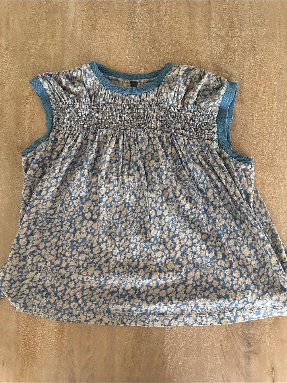 Anthropologie Blue and Cream Floral Smocked Cap-Sleeve Tank
